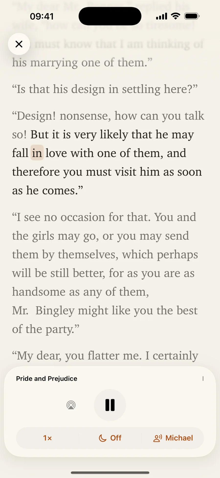 The Listen player reading Pride and Prejudice aloud, with the current word highlighted